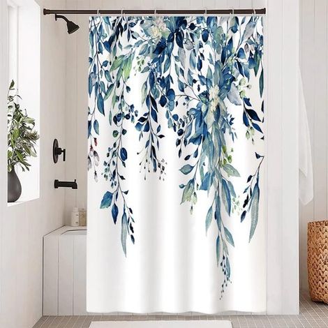 Cortina de ducha de 150 x 180 cm,resistente al moho,con hojas azules y flores blancas,estampado vegetal en acuarela (1/5)