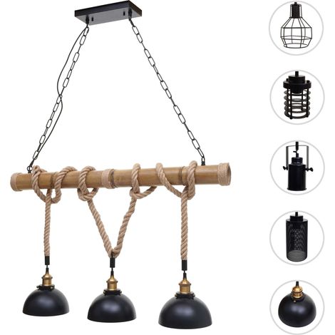 Lampe à suspension HWC-H82, corde de bambou, vintage industriel métal noir 3x abat-jours tubulaire (1/5)