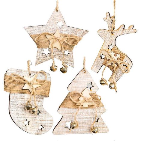 Lot de 4 pendentifs de Noël à suspendre, décorations murales festives et amusantes en bois, charmantes et délicates, pour les fêtes de Noël.-10X10CM