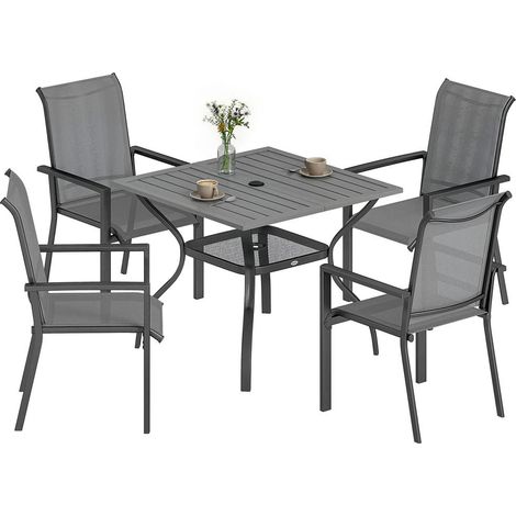 Salon de jardin 5 pièces, table 90x90 cm avec trou central et étagère, 4 chaises empilables, gris (1/5)
