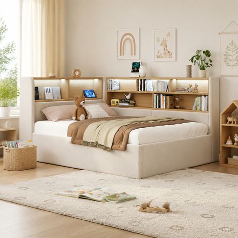 Gepolstertes Tagesbett 90x200 cm mit Bettkasten, LED, USB & Samt-Rückenlehne, Beige OKWISH (1/5)