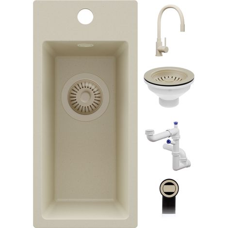PRIMAGRAN Evier Cuisine en Granit 23x50cm,Lavabo 1 Bac + Robinet 38x14cm + Kit de Vidage, Évier à Encastrer au Meuble 25cm - Riga, Tout Beige (1/5)