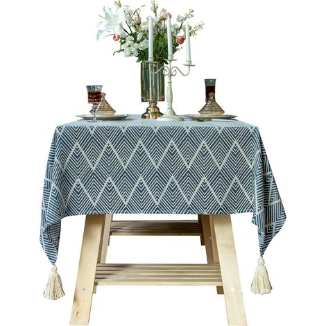 Nappe rectangulaire américaine légère et luxueuse, nappe à pompons en coton et lin, serviette de table basse, bandes de tissu décoratives (bleu, 110110) (1/5)