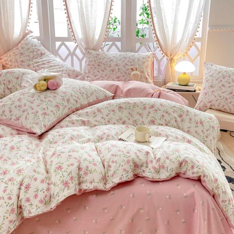 Housse de Couette 220x240 Adulte Fleurs Blanc Rose Parure de lit (1/5)
