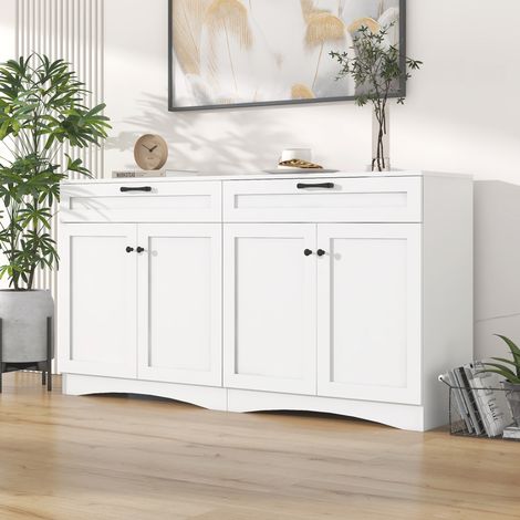 Buffet 160 x 40 x 85 cm, buffet de salon avec 2 tiroirs, table d'appoint au design incurvé et poignée noire, doté de 2 grands placards, soit un total de 7 compartiments de rangement, meuble blanc sobr (1/5)
