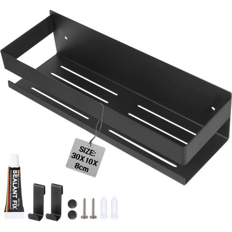 Étagère Douche Murale 30CM Etagere Salle de Bain avec 2 Crochets, Porte savon Douche sans Perçage, Tablette Acier Inox Étagère de Rangement Support Salle de Bain, Porte pour Shampoing Gel Noir (1/5)