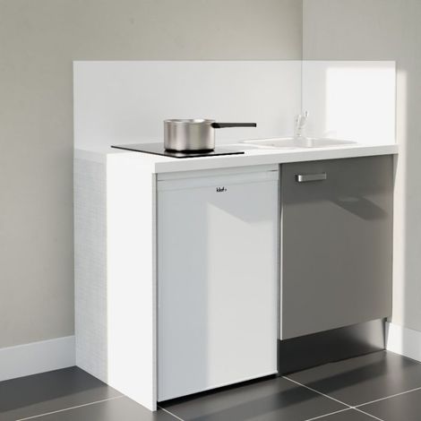 Kitchenette K08L-PT - 120 cm avec plan de travail et évier - Façade Gris - Plan Blanc - Crédences Oui