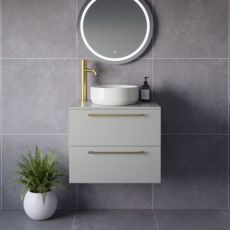 Napoli 460 Gloss Grey Pearl 600mm Wall Mounted 2 Drawer Vanity Unit for Countertop Basins - 600mm - Brushed Brass 320mm Handle
