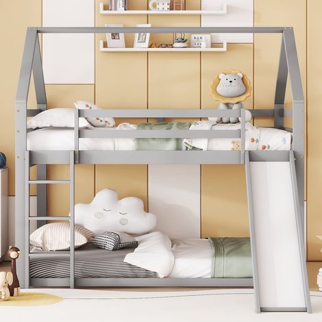 Lit superposé pour enfants 140 x 200 cm avec toboggan et échelle – lit maison gris pour chambre d'enfant (1/5)