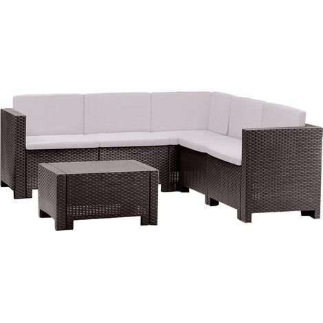 Dmora - Loungeset für draußen Encelado, Outdoor-Lounge mit Couchtisch, Terrassenset mit Kissen, Gartenkomposition mit Sofa und Sesseln, Made in Italy, Braun (1/3)