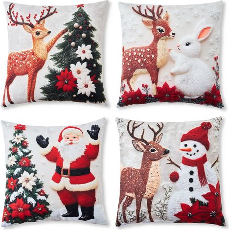 Lot de 4 housses de coussin rouges de Noël 45x45 cm, motif bonhomme de neige, sapin et Père Noël, housses de coussin douces et moelleuses, housses de coussin festives pour le canapé (1/5)