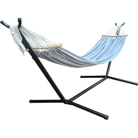 Doppelhängematte für 2 Personen, 220 x 150 cm, mit Stahlrahmen und abnehmbarer Spreizstange, Tragkraft 226,8 kg, Hängematte aus Baumwoll-Canvas für Terrasse, Veranda, Garten, Hof, Außenbereich und