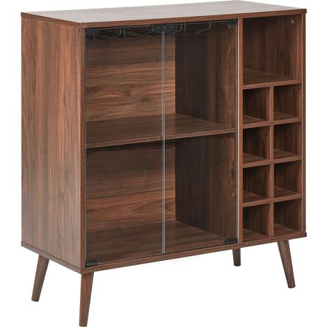 Credenza espositiva con 2 ante frontali in vetro con ripiani e portabottiglie legno scuro Tullamore (1/5)