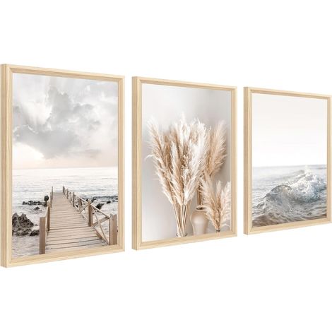 3Pcs Cadre en bois Impression sur Toile Plage Côtière Océan Tableau sur Toile Peinture Beige Nordique Herbe de la Pampa Tableau Decoration Murale Salon Chambre Maison 30x40cm x3pcs (Pas de plexiglas) (1/5)