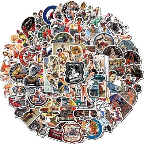 GHYT Lot de 100 autocollants rétro pin-up, autocollants imperméables pour adultes avec une fille à moto vintage, de belles filles, des autocollants esthétiques pour (1/4)
