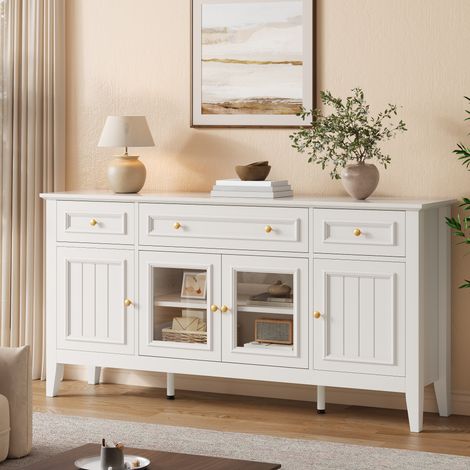 Buffet Bas avec 4 Portes dont 2 Vitrées, 3 Tiroirs et LED par Appli, Meuble de Rangement pour Salle à Manger, MDF et Poignées en Fer - Blanc (1/5)