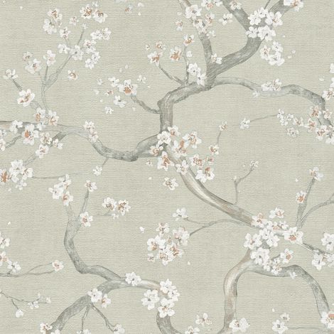 Papel pintado floral Profhome 781991 papel pintado vinílico estampado en caliente tejido non tejido texturado con ornamentos florales efecto satinado verde gris-guijarro blanco crema pardo beige 5,33 