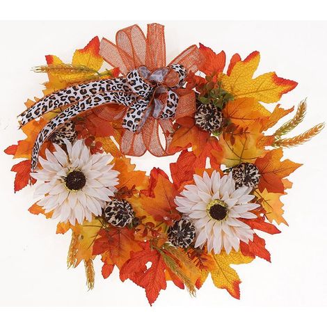 Couronne de citrouille de 45 cm avec nœud léopard - Décoration intérieure - Thanksgiving - Automne - Décoration de salle