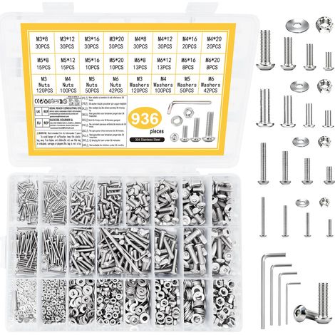 Lot de 936 pièces M3 M4 M5 M6, jeu de vis à tête ronde à six pans creux avec écrous, vis à six pans creux en acier inoxydable avec jeux d'écrous, vis à tête lentille et vis à filetage avec jeux de (1/5)