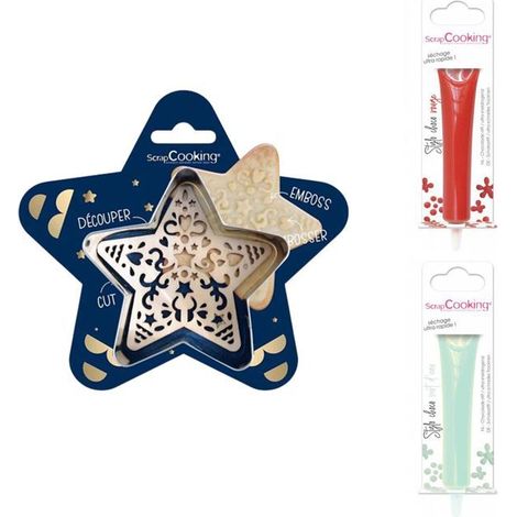 Kit pour biscuit en relief Étoile + 2 Stylos au chocolat rouge et vert d'eau (1/2)