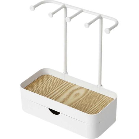 Schmuckständer mit Schublade, Holztablett, 5 Haken, Schmuckturm für Kommode und Vitrine-White (1/5)