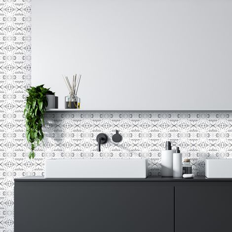Sticker Mural Carrelage adhésif Cuisine Salle de Bain - 24 STICKERS CARREAUX DE CIMENT EFFET MARBRE GRIS - 24stickers10x10cm (1/5)