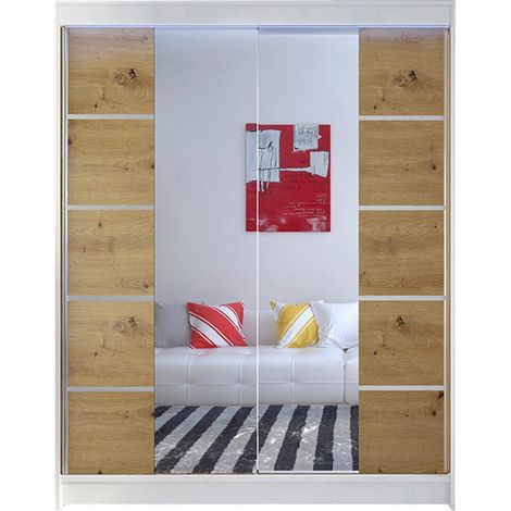 Armario Closico 146, Blanco + Roble Artisan, 200x150x58cm, Puertas de armario: Correderas, Número de estantes: 5, LED