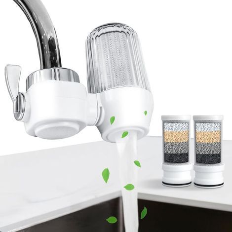 Sink water filter with 2 replacement filters, tap water filter, water purifier, water filtration system, reduces chlorine and odors in taps, kitchen, bathroom. (1/5)