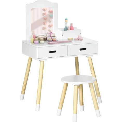 Coiffeuse enfant avec miroir, tabouret et 2 tiroirs, 3-6 ans, blanc et bois, 60x40x95 cm (1/5)