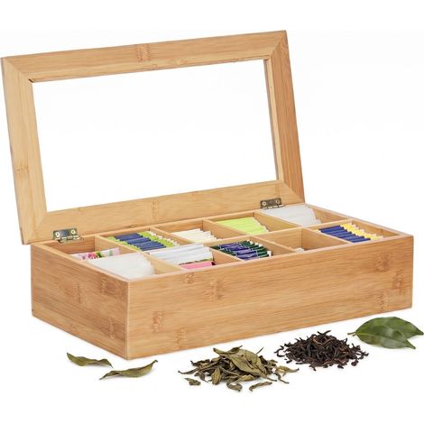 Relaxdays Bamboo Tea Box, 10 Compartments, Large, Sturdy, Versatile, Functional, Sustainable, Flavour Preserving, Window, Natural (1/5)