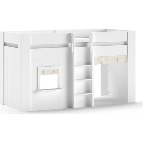 Lit Cabane Enfant & Rideaux "Reno" 90x200cm Blanc