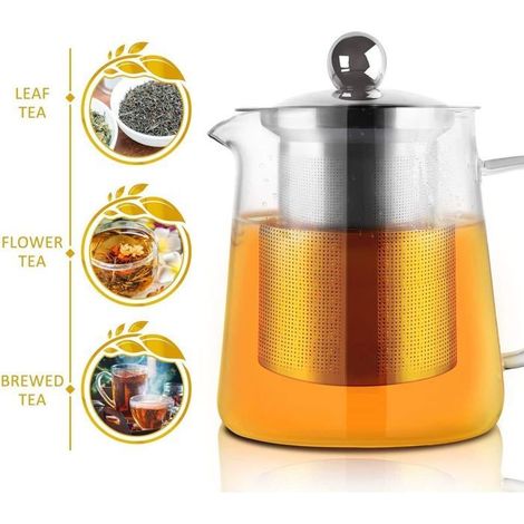 1 théière en verre carrée, résistante à la chaleur, avec infuseur intégré, 450 ml, idéale pour thé et café