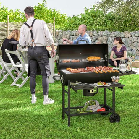 Grille de cuisson avec tablette avant pliable, barbecue au charbon de bois à 2 roues, 114 x 65 x 95 cm, noir