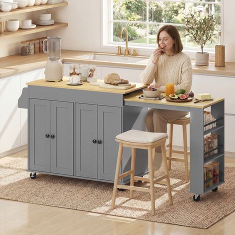 Îlot de cuisine sur roulettes, plan de travail extensible, 4 portes, étagères réglables, porte-épices et porte-serviettes, gris