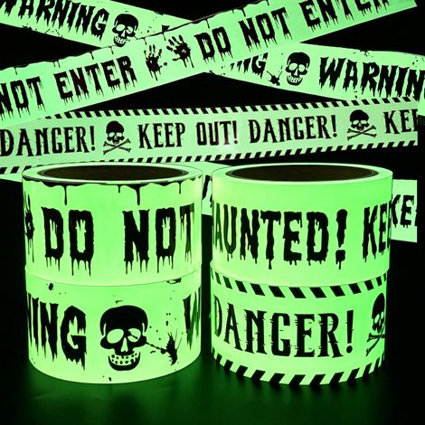 4 rouleaux de ruban adhésif décoratif d'Halloween phosphorescent « avertissement » – 5 cm x 3 m (1/5)