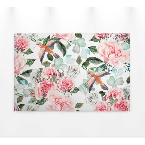 Tableau printemps couleur pastel & motif fleur | Tableau sur toile à fleurs & oiseaux | Tableau coloré blanc vert & rose 0,9 x 0,6 m (1/5)