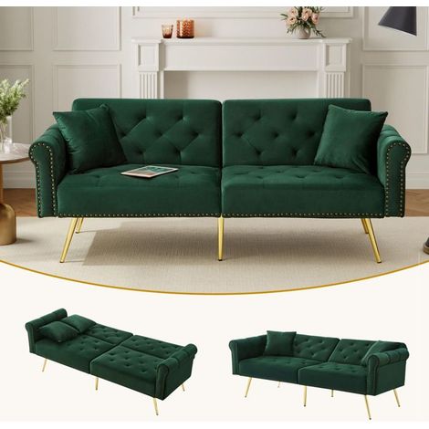 Canapé-lit - Dande24 - 2 places velours vert antique - convertible 3 positions - rangement dissimulé (1/5)
