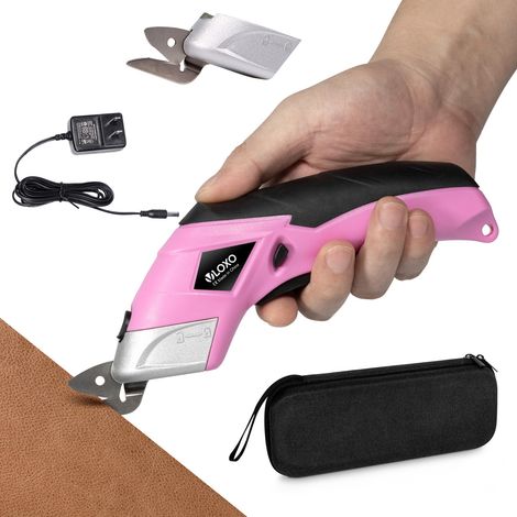 Tijeras eléctricas inalámbricas, tijeras eléctricas para coser tela con 2 hojas, tijeras eléctricas para cortar tela, cartón, cuero, alfombra, papel, manualidades y bricolaje – Rosa
