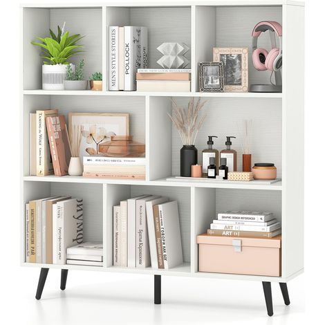 Libreria a 8 cubi 100 x 24 x 107 cm, organizer con 5 gambe in metallo affusolate, ripiano con 2 kit anticaduta per salone, ufficio, bianco (1/5)