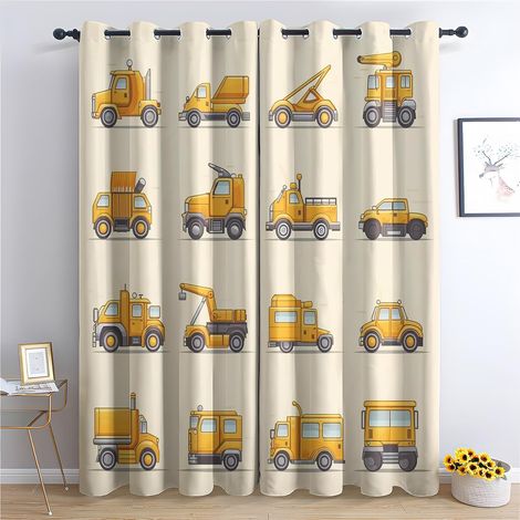 Rideau Camion de Chantier - Rideau Occultant Thermiques Enfant Véhicule Camions Jaune, Lot de 2 Rideaux à Oeillets pour Decoration Chambre Salon, Draperies Intérieurs Fenetre, 140x160 cm (LxH) - 2x L (1/5)