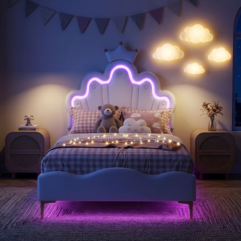 Lit enfant 90x190 cm, lit princesse, lit simple capitonné avec tête de lit couronne et éclairage LED - sommier à lattes, Blanc
