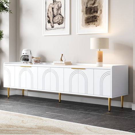 Mobile TV lowboard 170 x 35 x 47,5 cm bianco con porte scolpite, maniglie e piedi dorati DESVIAE (1/5)