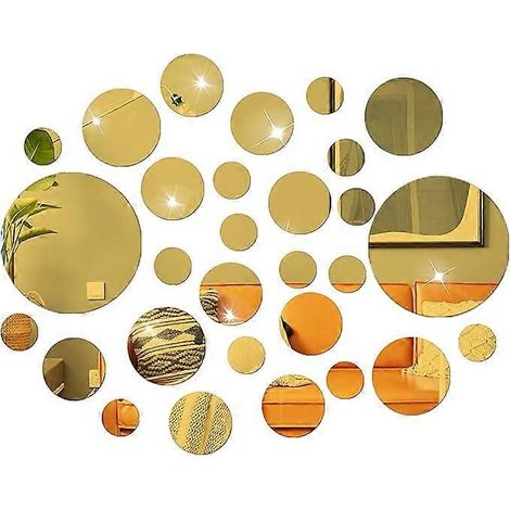 Ensemble de 60 autocollants muraux miroir acrylique à faire soi-même, autocollants muraux miroir ronds pour la décoration du salon et de la chambre (doré) (1/5)