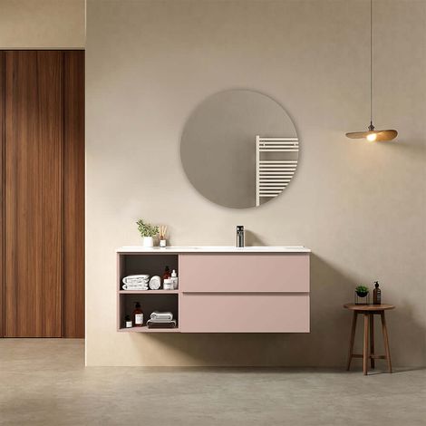 Mobile bagno sospeso 120 cm Rosa Retro Lavabo a Destra in Ceramica Specchio Tondo - Fiji Paint Plus (1/4)