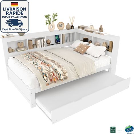 MODFU - Sofá cama de madera 140×200/90×190cm con cama nido, cama para adultos, puerto USB y enchufe, somier de láminas, sin colchón, blanco (1/5)