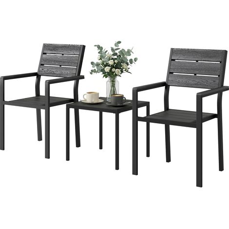 Conjunto Jardín 3 piezas 2 sillas mesa HDPE listones efecto madera negro para patio balcón