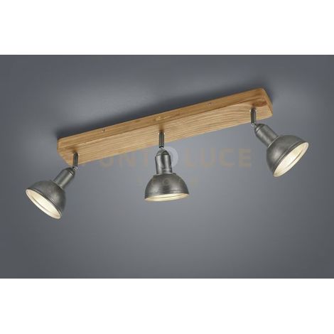 DELHI BARRA 3 SPOTS ATTACCO E14 CUPOLA METALLO ACCIAIO ANTICO E LEGNO L. 58CM