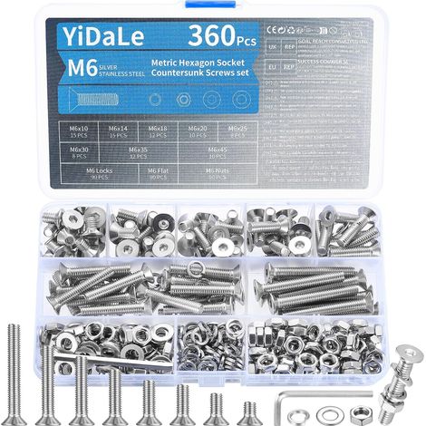 360 PcsVis M6, Vis à Tête Plate, Vis à Tête Fraisée à Six Pans Creux avec écrous, Boulons et écrous, Boulon à Tête Hexagonale Creuse avec Rondelles (360Pcs - M6) (1/5)