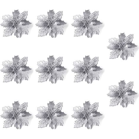 10-teiliges Set Weihnachtsblumen-Dekorationen, Glitzernde Weihnachtsstern-Ornamente, Künstliche Weihnachtsblumen, Weihnachtsschmuck (Silber) (1/5)