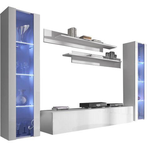 Ensemble de Meubles TV Mur de Rangement Meuble salon Suspendu avec LED Modèle Nora 8 Blanc Finition brillante